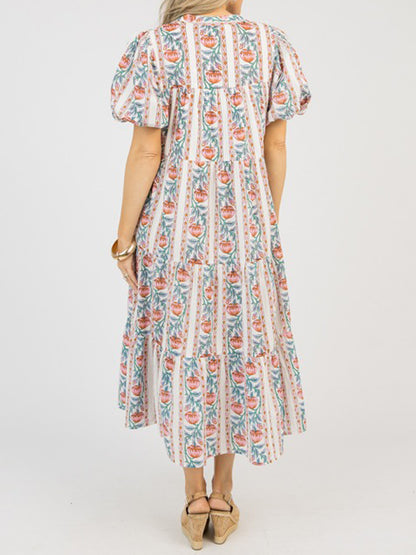 Elastic Sleeve Cuff Printed Midi Dress
