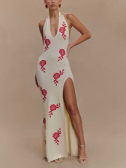 Rose Knit Halter Maxi Dress