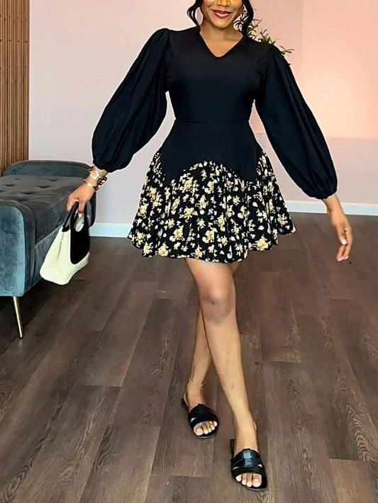 Patchwork Puff Sleeve Floral Mini Dress