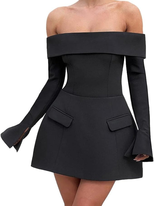 Off Shoulder Long Sleeve A-Line Dress