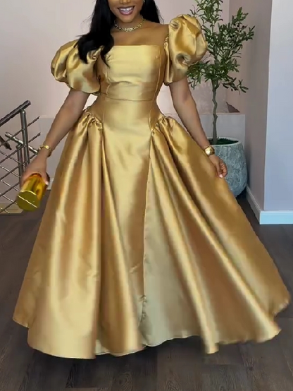 Golden Elegance Puff Sleeve Gown