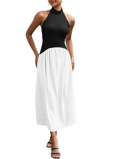 Halter Neck Two-Tone Midi Dress