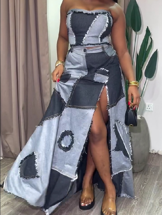 Patchwork Denim Two-Piece Set