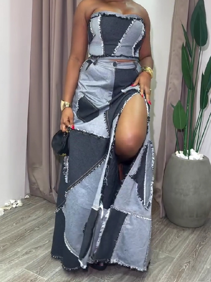Patchwork Denim Two-Piece Set