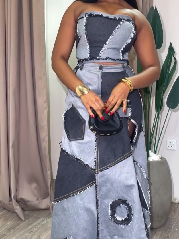 Patchwork Denim Two-Piece Set