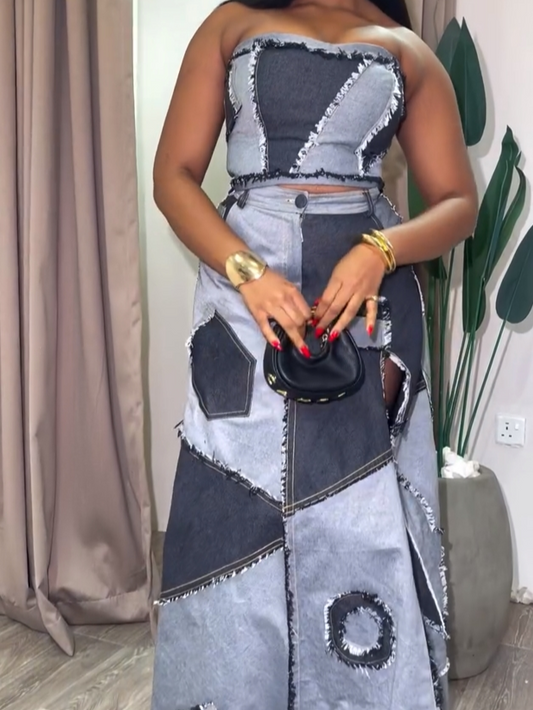Patchwork Denim Two-Piece Set