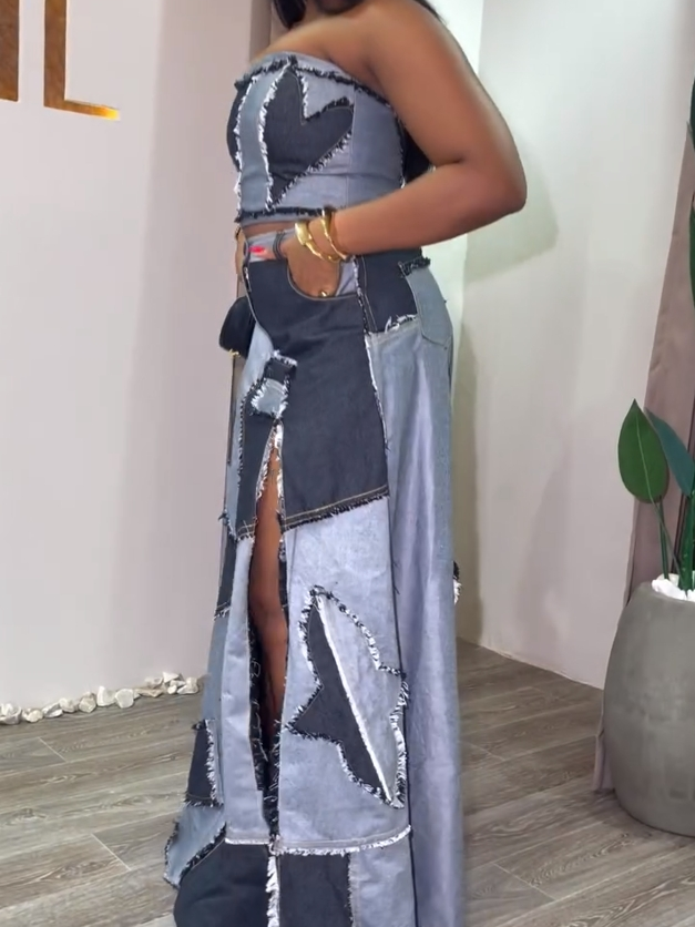 Patchwork Denim Two-Piece Set