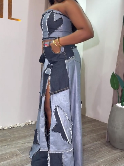Patchwork Denim Two-Piece Set