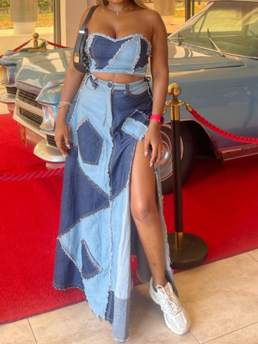 Patchwork Denim Two-Piece Set
