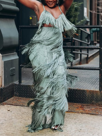 Green Fringe Two-Piece Set