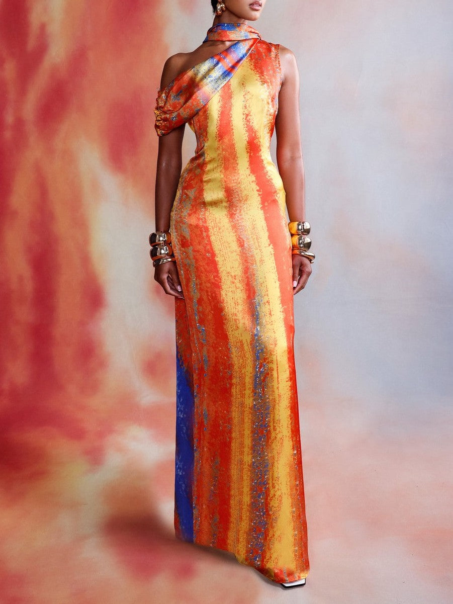Abstract Print Backless Maxi Dress with Scarf Detail
