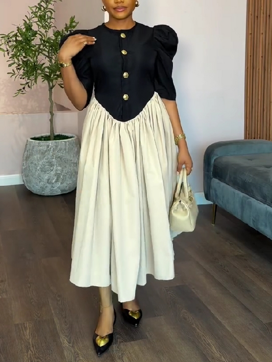 Vintage Puff Sleeve Contrast Midi Dress