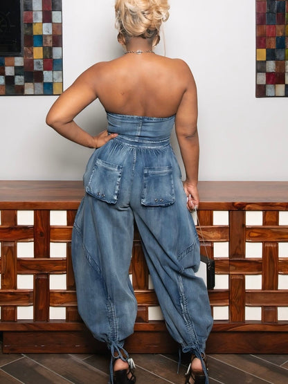 Strapless Denim Cargo Jumpsuit
