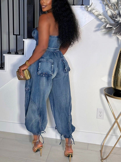 Strapless Denim Cargo Jumpsuit