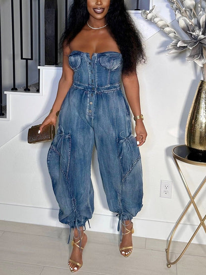 Strapless Denim Cargo Jumpsuit