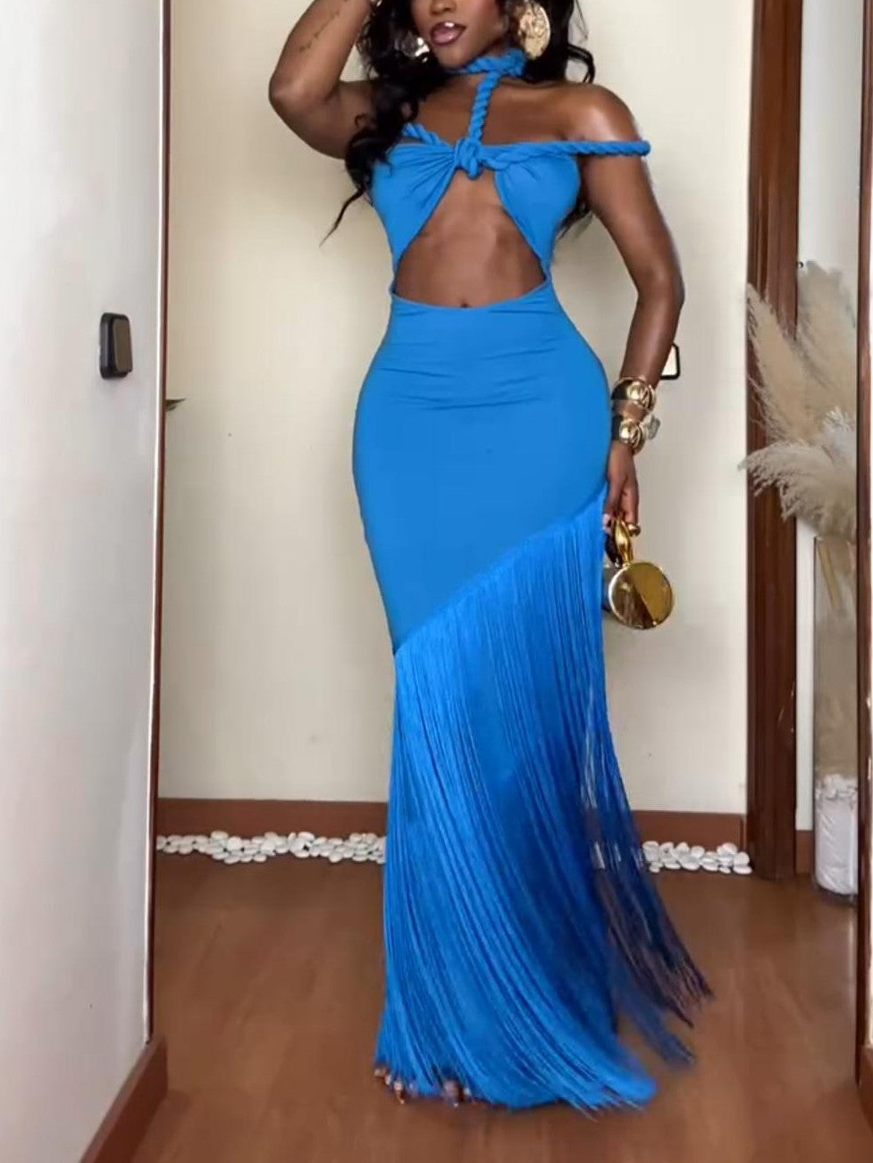 Halter Neck Fringe Cutout Dress