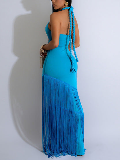 Halter Neck Fringe Cutout Dress