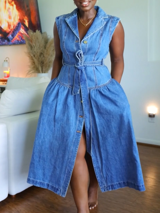 Sleeveless Denim Button-Front Midi Dress