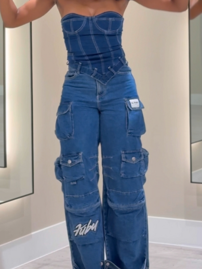 Denim Bandeau & Multi-Pocket Jeans Set