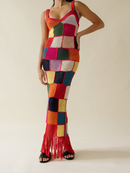 Colorful Fringe Crochet Maxi Dress