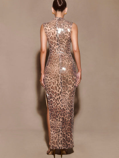 Leopard Sequin Pattern Midi Dress