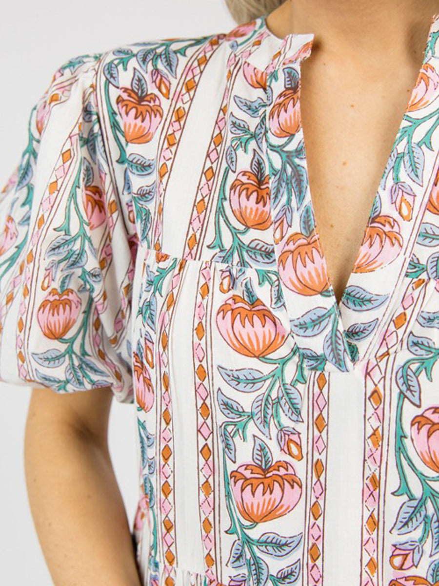 Elastic Sleeve Cuff Printed Midi Dress