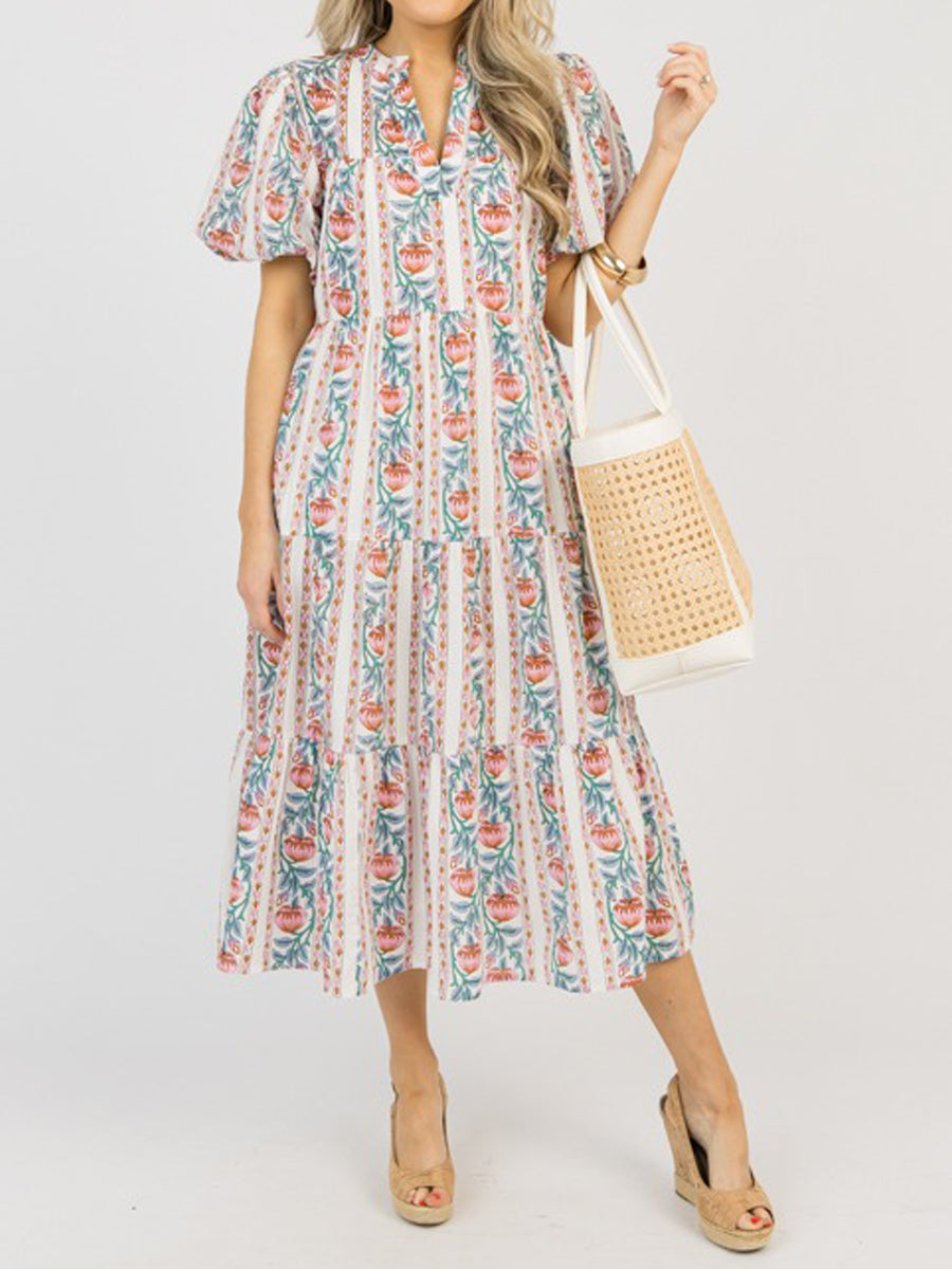Elastic Sleeve Cuff Printed Midi Dress