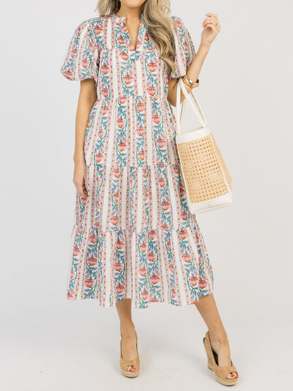 Elastic Sleeve Cuff Printed Midi Dress
