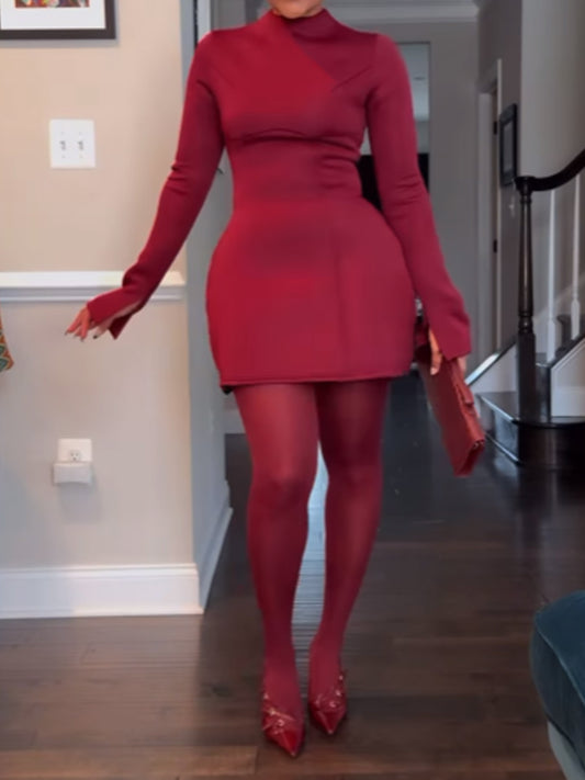 Mock Neck Long Sleeve Backless Sexy Mini Dress