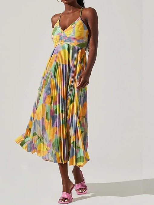 Colorful Printed Pleated Spaghetti Strap Dress