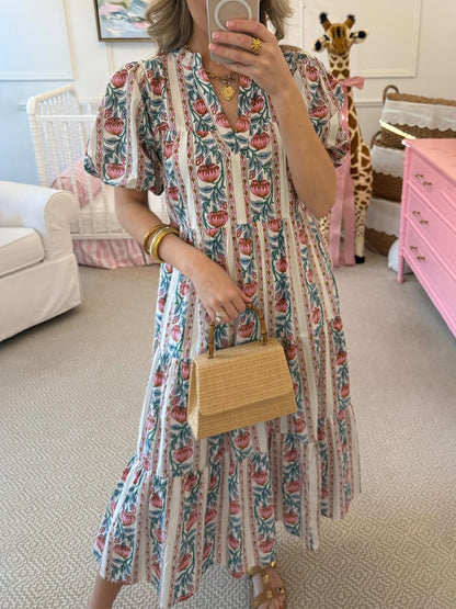 Elastic Sleeve Cuff Printed Midi Dress