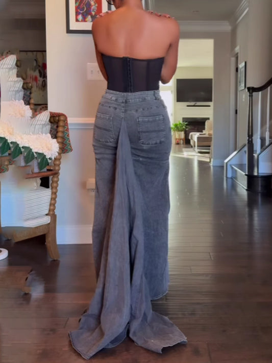 Denim Maxi Skirt With Train
