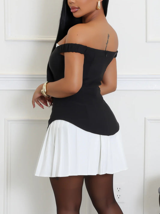 Off-Shoulder Pleated Mini Dress