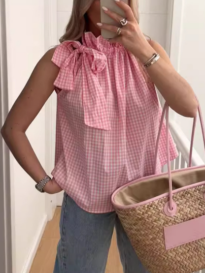 Halter Neck Bow Plaid Print Blouse