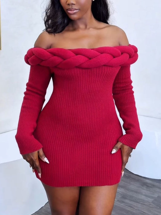 Off-Shoulder Braided Knit Mini Dress