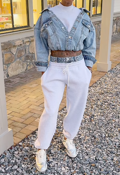 Cropped Denim Jacket and Jogger Pants Set