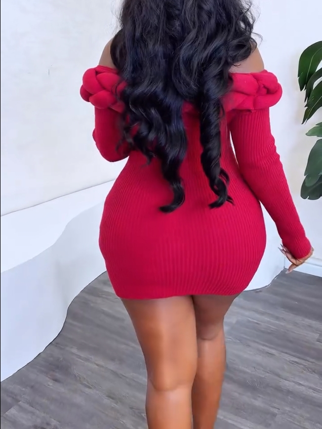 Off-Shoulder Braided Knit Mini Dress