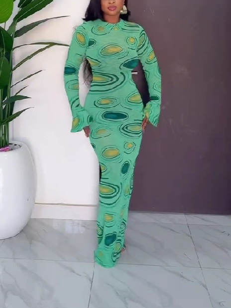 Chic Green Swirl Print Maxi Dress