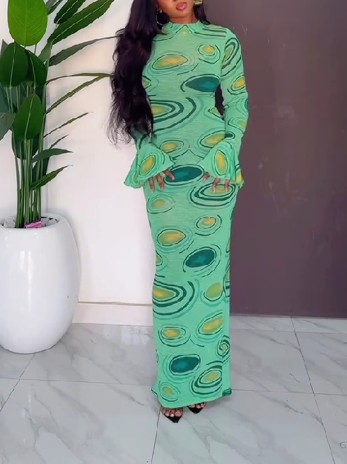 Chic Green Swirl Print Maxi Dress
