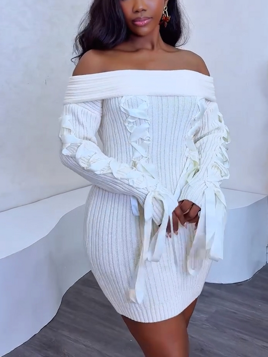 Shoulder-Baring Tie-Up Knit Dress