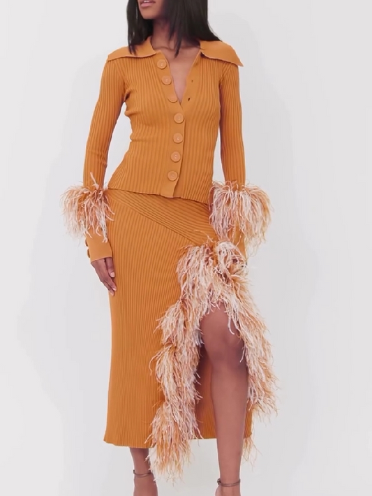 Two-Tone Feather Midi Slit Skirt Set