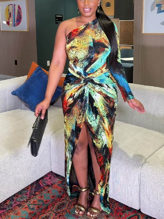 One-Shoulder Abstract Print Maxi Dress