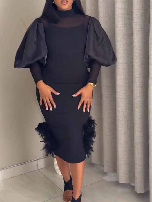 Puff Sleeve Patchwork Feather Midi Dress