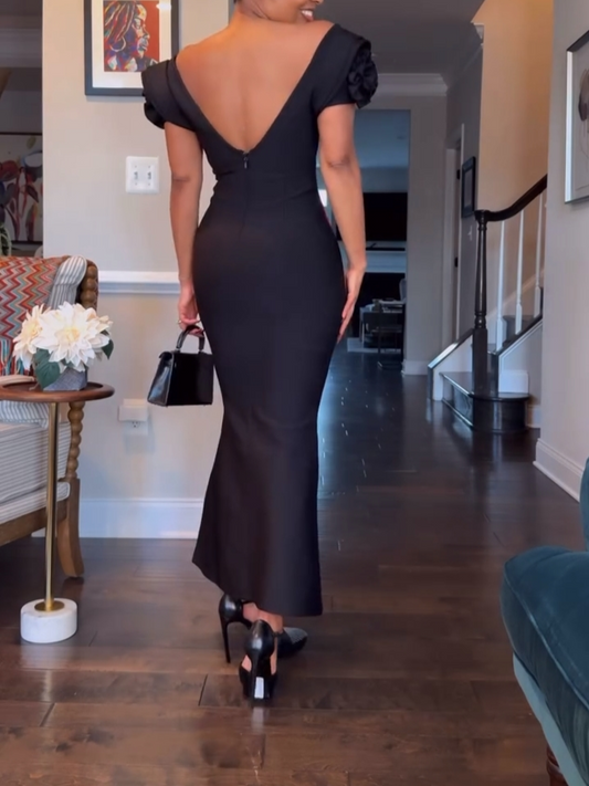 Deep-V Flowers Diamond Backless Bandage Maxi Dress