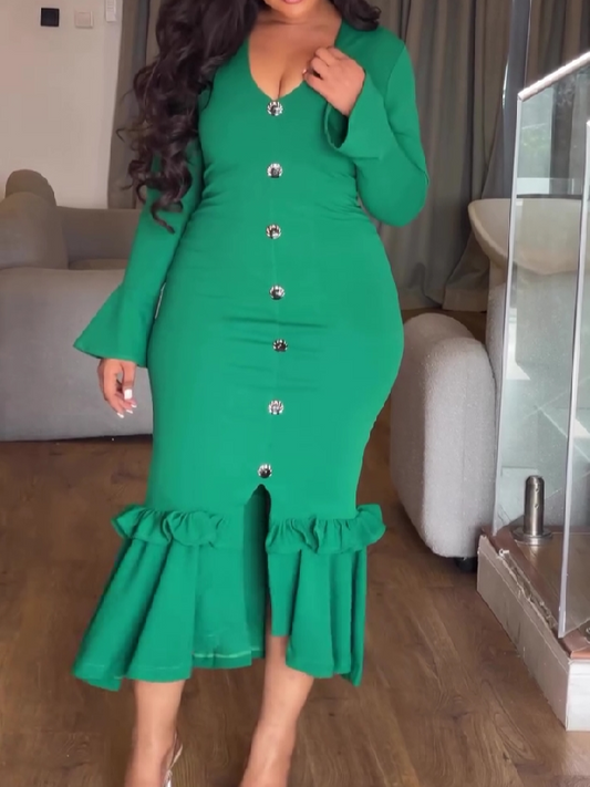 Flared Sleeve Button Fishtail Dress