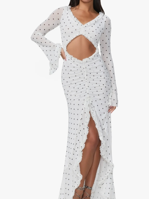 Ruched Semisheer Cutout Maxi Dress
