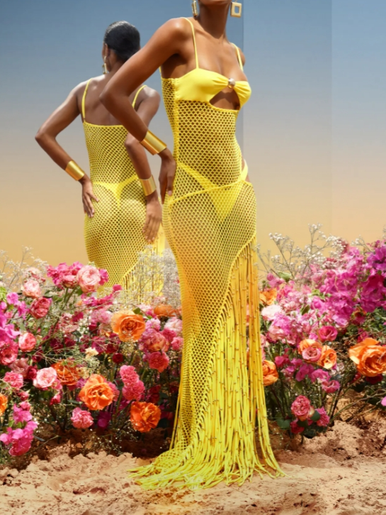 Yellow Fringe Mesh Cover-Up Dress