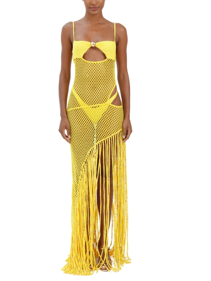 Yellow Fringe Mesh Cover-Up Dress
