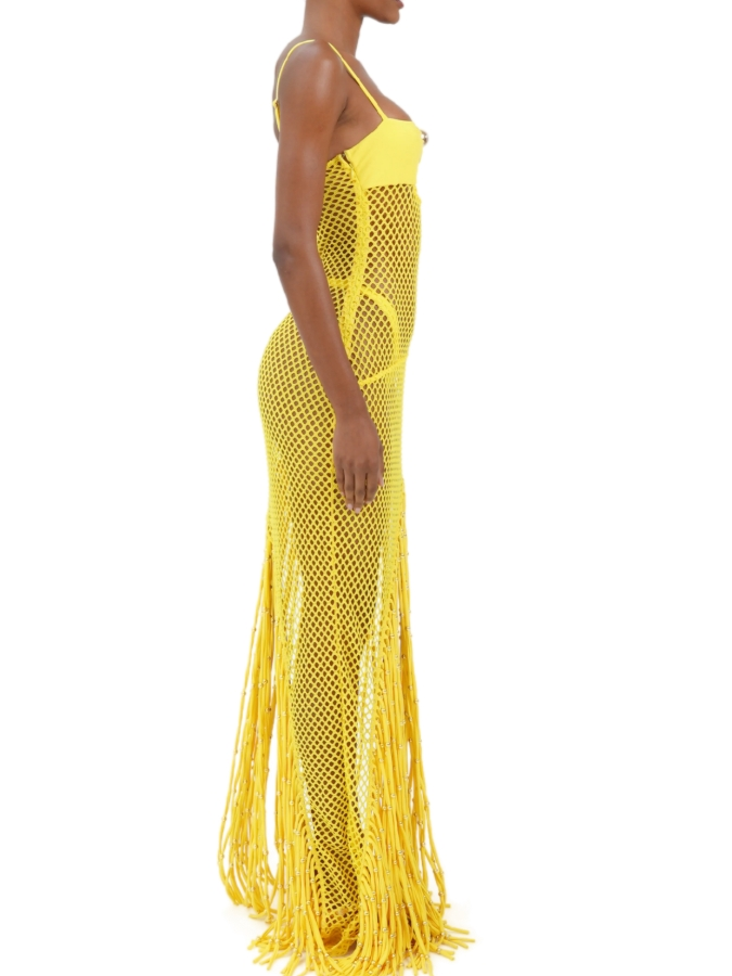 Yellow Fringe Mesh Cover-Up Dress