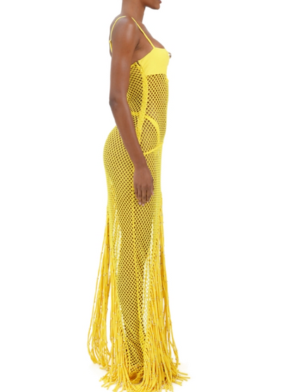 Yellow Fringe Mesh Cover-Up Dress